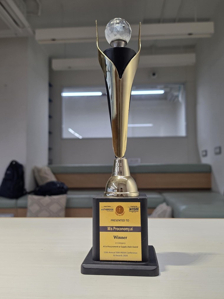 Engraved trophy for AI in Procurement or Supply Chain Award - Solution Provider, awarded to Proconomy at 11th Annual ISM-INDIA Conference & Awards 2026, organised by ISM-INDIA