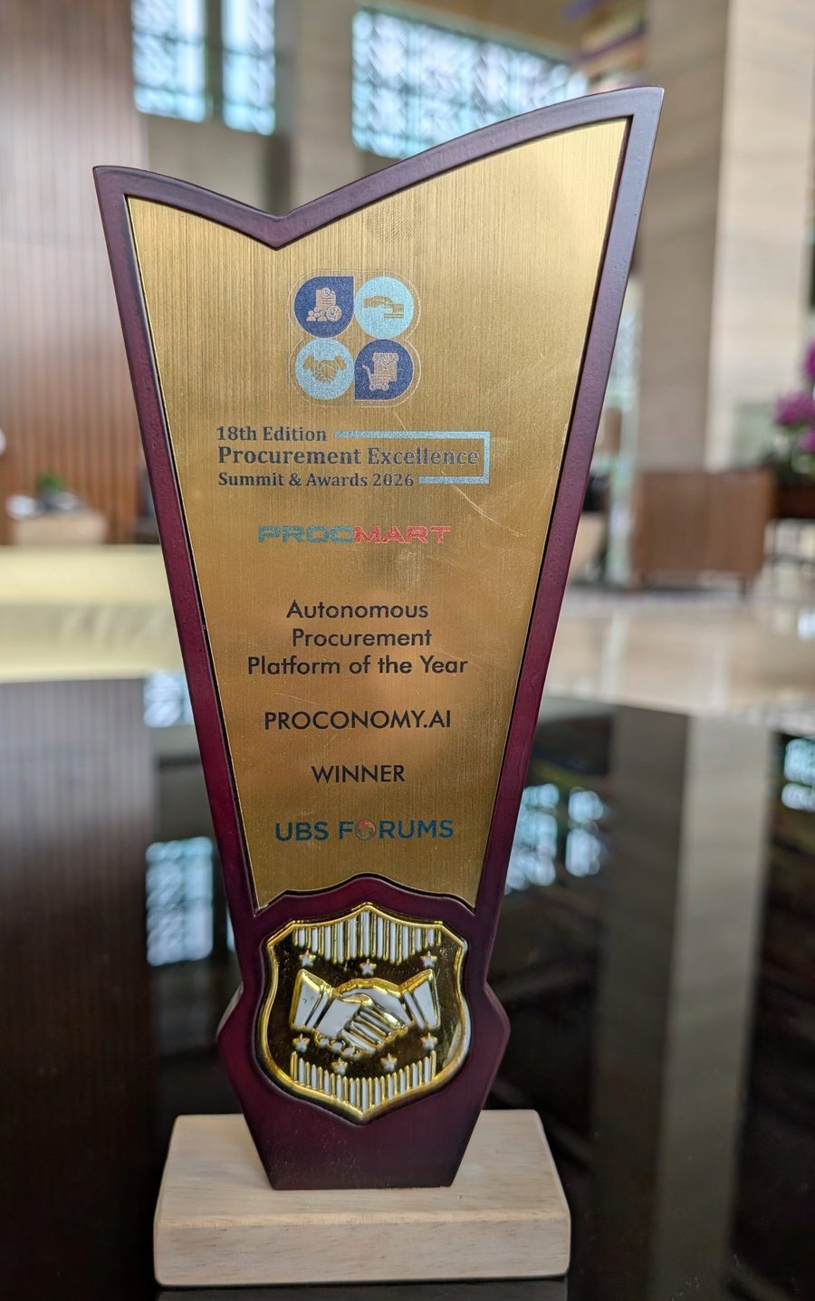 Engraved trophy reading Autonomous Procurement Platform of the Year, Proconomy.ai, Winner, UBS Forums, 18th Edition Procurement Excellence Summit and Awards 2026