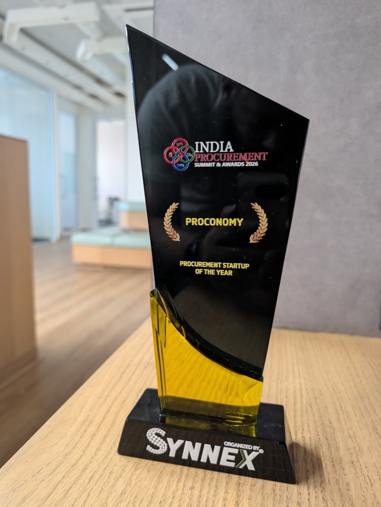 Engraved trophy for Procurement Startup of the Year, awarded to Proconomy at India Procurement Summit & Awards 2026, organised by Synnex Group