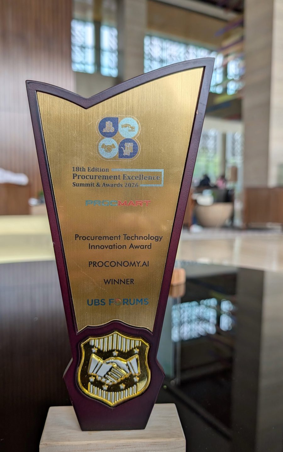 Engraved trophy reading Procurement Technology Innovation Award, Proconomy.ai, Winner, UBS Forums, 18th Edition Procurement Excellence Summit and Awards 2026