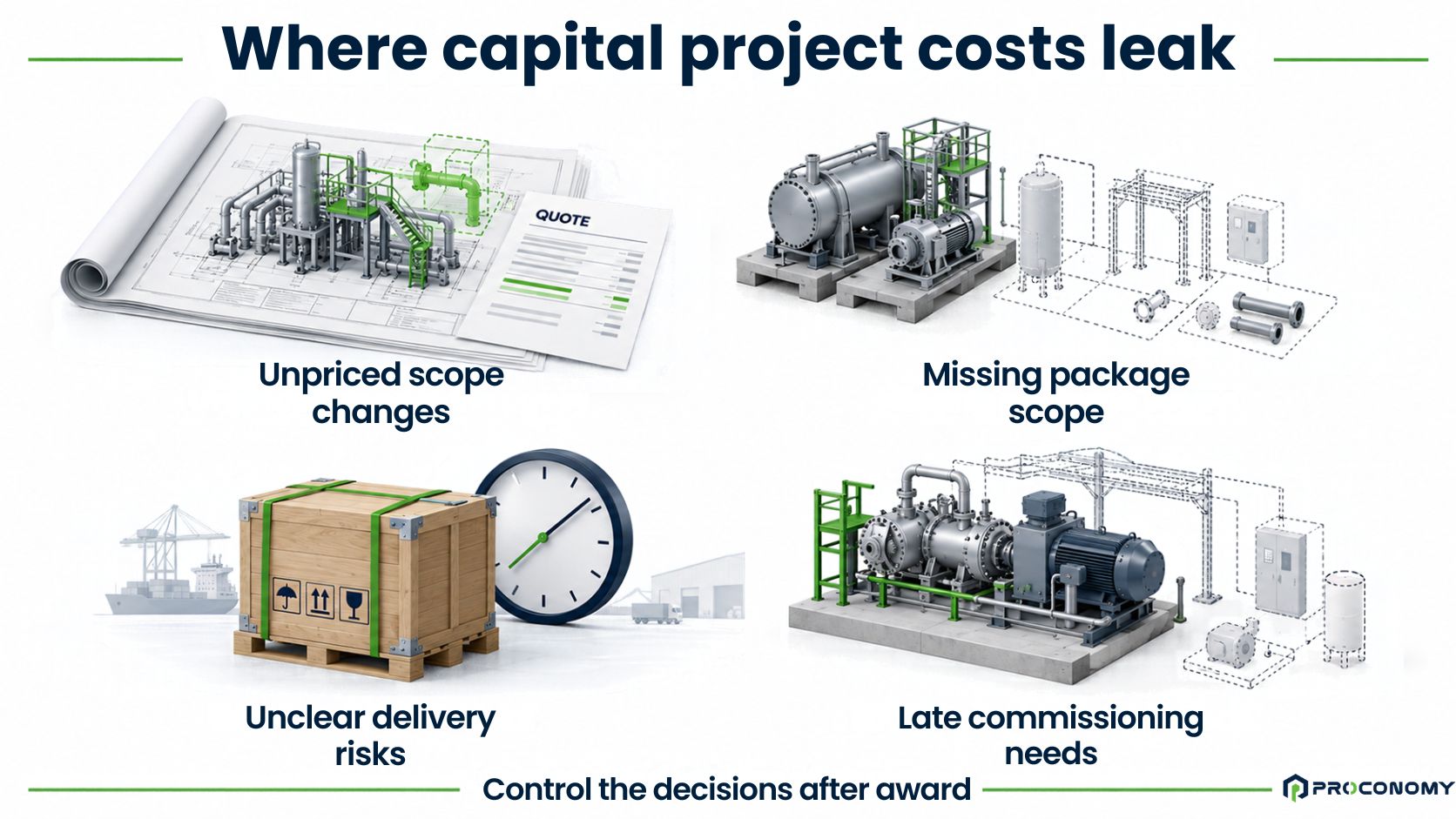 Four common sources of capital project cost leakage: scope changes, package gaps, delivery risks and commissioning needs