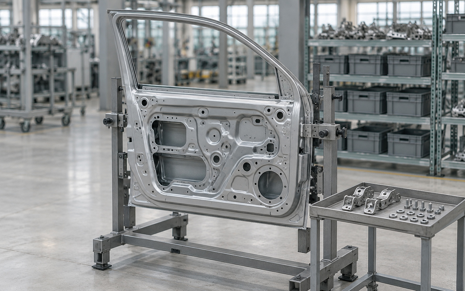 Stacked steel parts stillages on racking in an automotive component warehouse