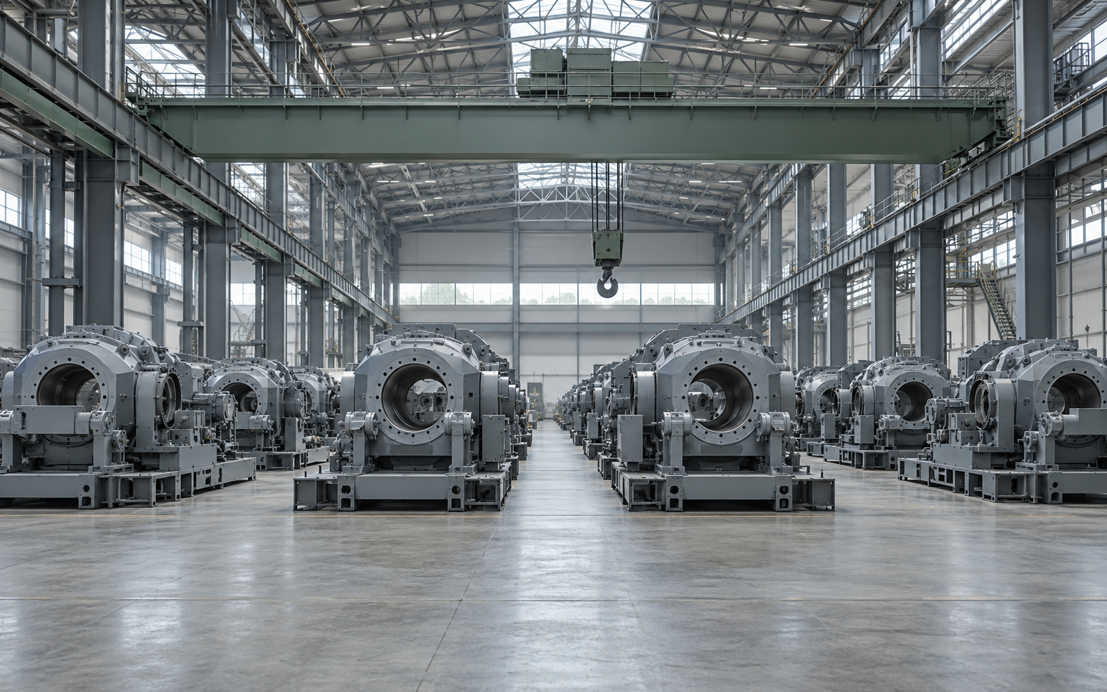 A machine components store in an engineered-products plant: parts on steel racking along a wide aisle