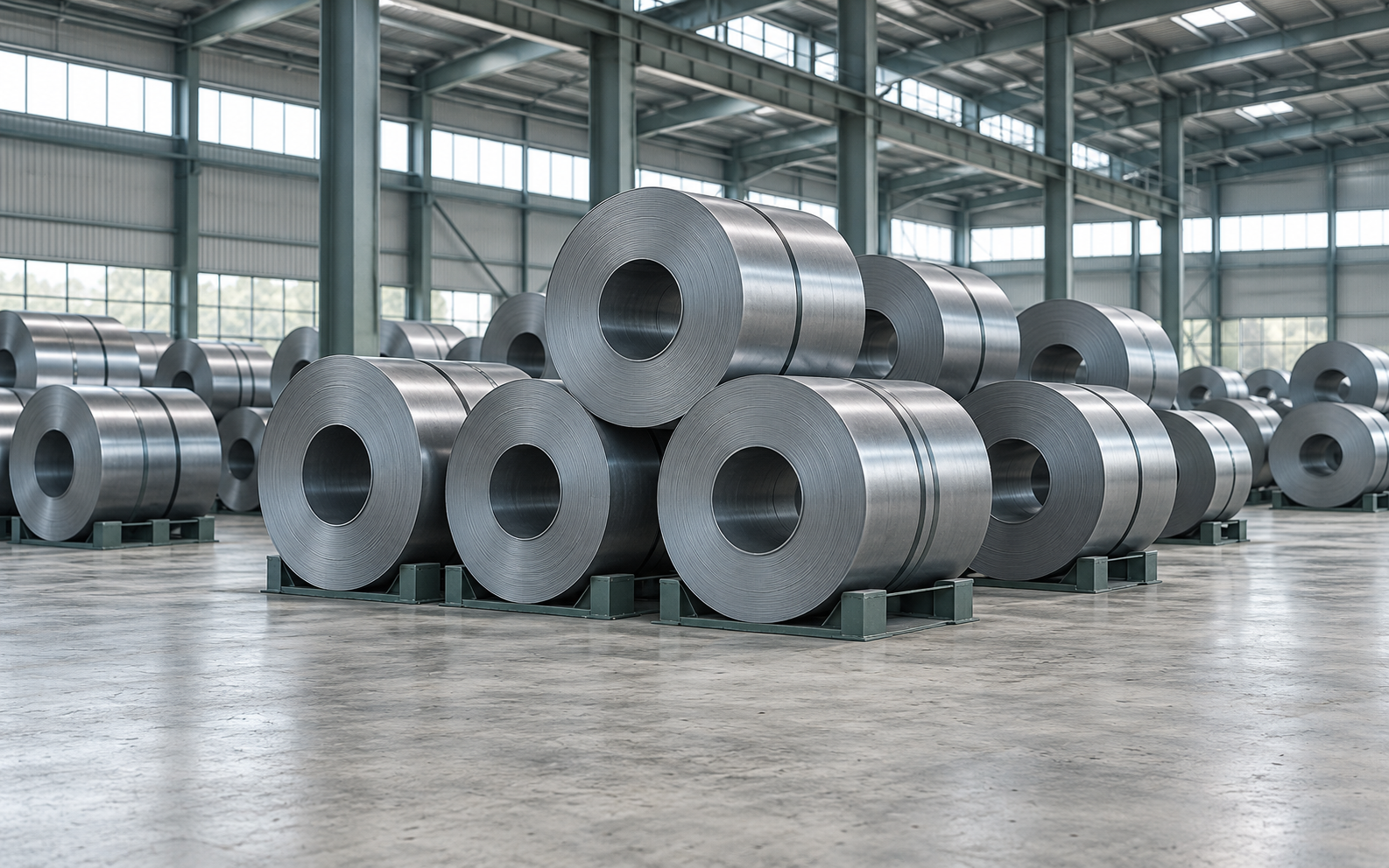 A steel rolling mill line with finished coils stacked on the floor of the hall
